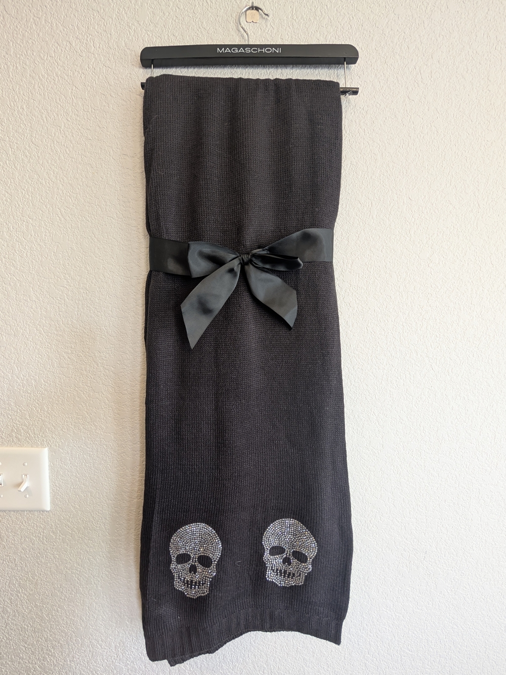 New Magaschoni Black Knit Throw Blanket with Satin Bow and Crystal Skull Details